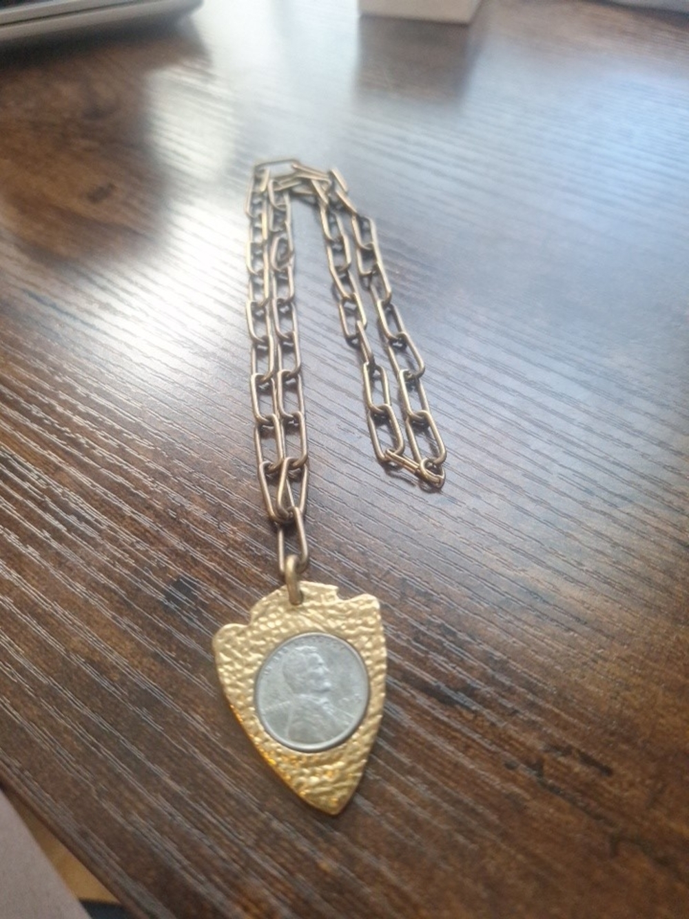 Vintage GoldTone Arrowhead Pendant Necklace 1943 Zinc Penny Coin Accent Signed